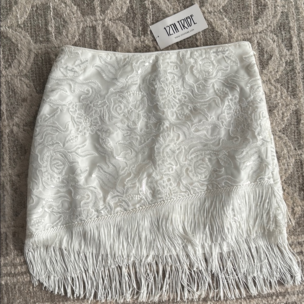 12th Tribe White and Silver Embellished Mini Fringe Skirt